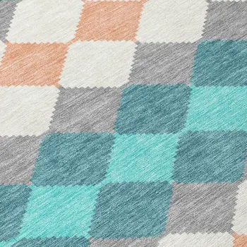 9' X 12' Teal Blue Gray And Copper Geometric Washable Indoor Outdoor Area Rug