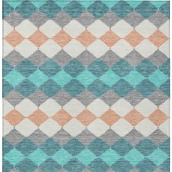 10' X 14' Teal Blue Gray And Copper Geometric Washable Indoor Outdoor Area Rug