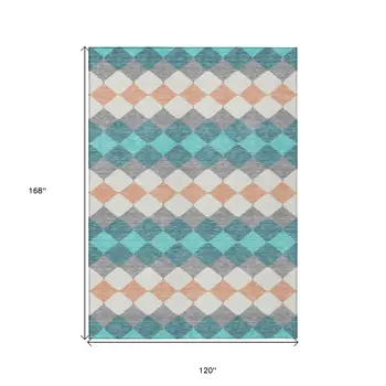 10' X 14' Teal Blue Gray And Copper Geometric Washable Indoor Outdoor Area Rug