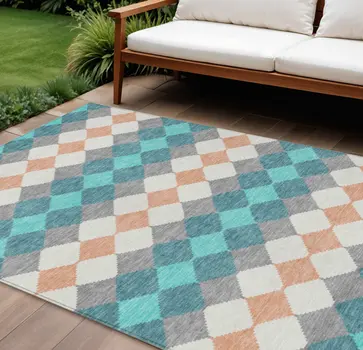 10' X 14' Teal Blue Gray And Copper Geometric Washable Indoor Outdoor Area Rug