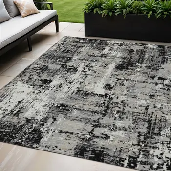 5' X 8' Black And Gray Abstract Washable Indoor Outdoor Area Rug