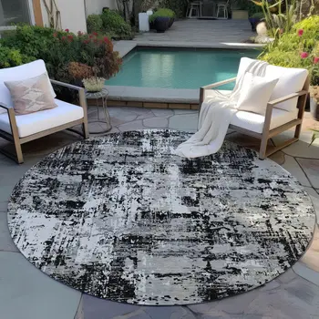 8' Black And Gray Round Abstract Washable Indoor Outdoor Area Rug