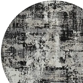 8' Black And Gray Round Abstract Washable Indoor Outdoor Area Rug
