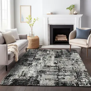 10' X 14' Black And Gray Abstract Washable Indoor Outdoor Area Rug