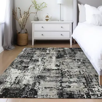 10' X 14' Black And Gray Abstract Washable Indoor Outdoor Area Rug