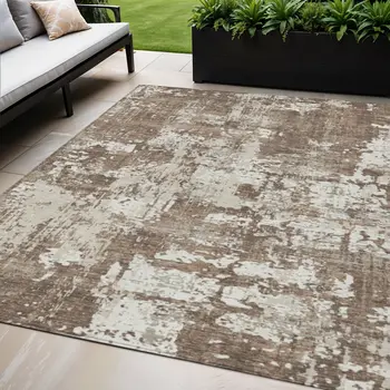 5' X 8' Brown And Beige Abstract Washable Indoor Outdoor Area Rug