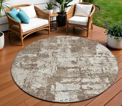 8' Brown And Beige Round Abstract Washable Indoor Outdoor Area Rug