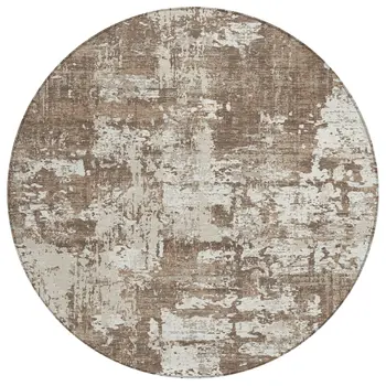 8' Brown And Beige Round Abstract Washable Indoor Outdoor Area Rug