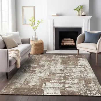 9' X 12' Brown And Beige Abstract Washable Indoor Outdoor Area Rug