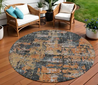 8' Charcoal Copper And Ivory Round Abstract Washable Indoor Outdoor Area Rug