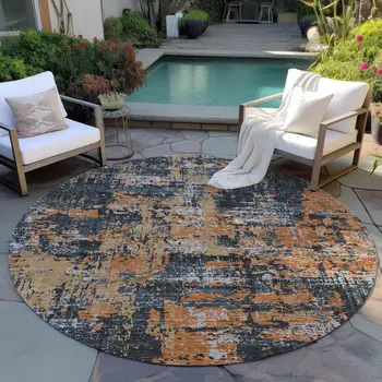 8' Charcoal Copper And Ivory Round Abstract Washable Indoor Outdoor Area Rug