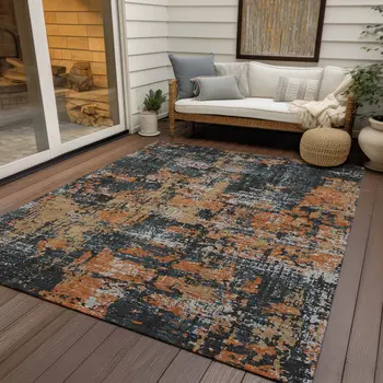 9' X 12' Charcoal Copper And Ivory Abstract Washable Indoor Outdoor Area Rug