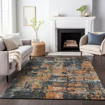9' X 12' Charcoal Copper And Ivory Abstract Washable Indoor Outdoor Area Rug
