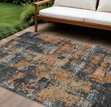 10' X 14' Charcoal Copper And Ivory Abstract Washable Indoor Outdoor Area Rug