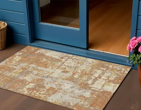 3' X 5' Copper Gold And Ivory Abstract Washable Indoor Outdoor Area Rug