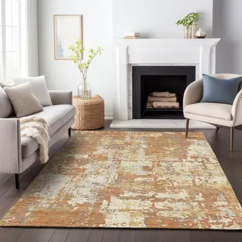 3' X 5' Copper Gold And Ivory Abstract Washable Indoor Outdoor Area Rug