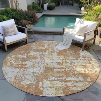 8' Copper Gold And Ivory Round Abstract Washable Indoor Outdoor Area Rug