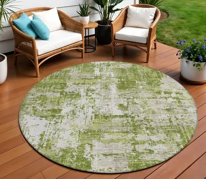 8' Green And Ivory Round Abstract Washable Indoor Outdoor Area Rug