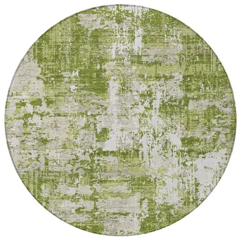 8' Green And Ivory Round Abstract Washable Indoor Outdoor Area Rug
