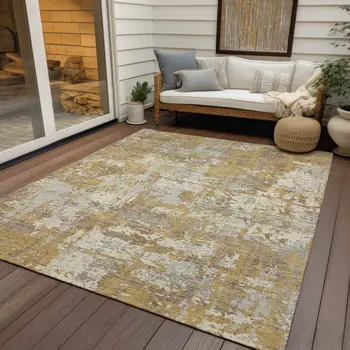 5' X 8' Gold Brown And Beige Abstract Washable Indoor Outdoor Area Rug