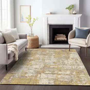 5' X 8' Gold Brown And Beige Abstract Washable Indoor Outdoor Area Rug