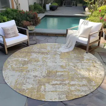 8' Gold Brown And Beige Round Abstract Washable Indoor Outdoor Area Rug