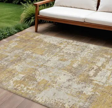 10' X 14' Gold Brown And Beige Abstract Washable Indoor Outdoor Area Rug