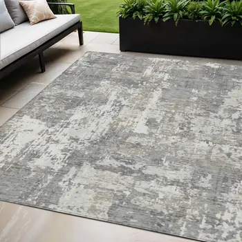 5' X 8' Gray And Ivory Abstract Washable Indoor Outdoor Area Rug
