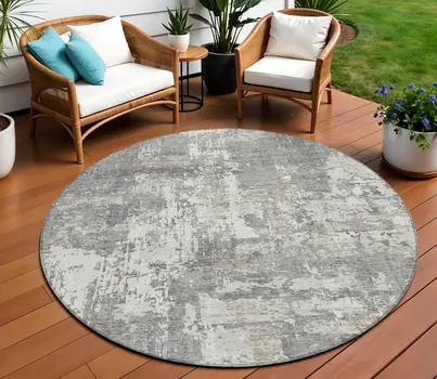8' Gray And Ivory Round Abstract Washable Indoor Outdoor Area Rug