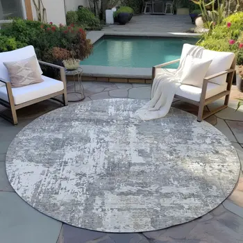 8' Gray And Ivory Round Abstract Washable Indoor Outdoor Area Rug