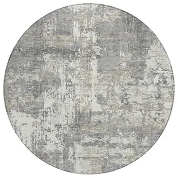 8' Gray And Ivory Round Abstract Washable Indoor Outdoor Area Rug