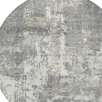 8' Gray And Ivory Round Abstract Washable Indoor Outdoor Area Rug