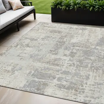 5' X 8' Ivory And Gray Abstract Washable Indoor Outdoor Area Rug