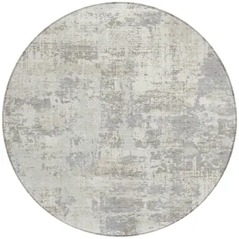 8' Ivory And Gray Round Abstract Washable Indoor Outdoor Area Rug