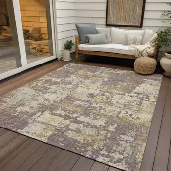 5' X 8' Lavender Gold And Beige Abstract Washable Indoor Outdoor Area Rug