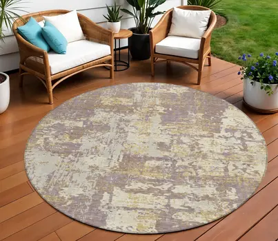8' Lavender Gold And Beige Round Abstract Washable Indoor Outdoor Area Rug