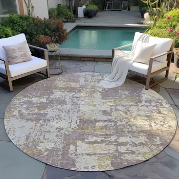 8' Lavender Gold And Beige Round Abstract Washable Indoor Outdoor Area Rug