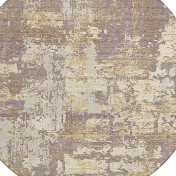 8' Lavender Gold And Beige Round Abstract Washable Indoor Outdoor Area Rug