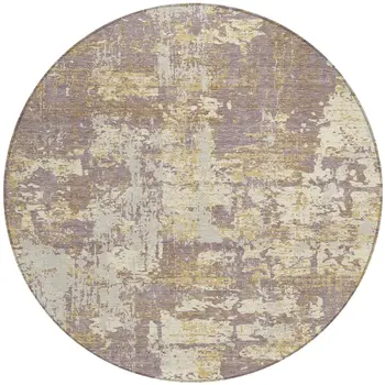 8' Lavender Gold And Beige Round Abstract Washable Indoor Outdoor Area Rug