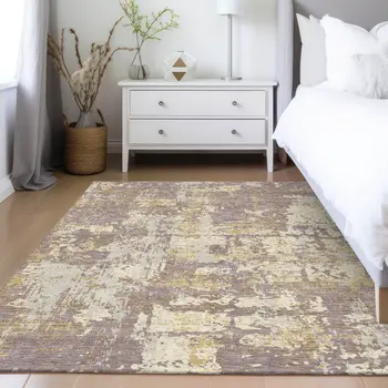 10' X 14' Lavender Gold And Beige Abstract Washable Indoor Outdoor Area Rug