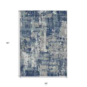 3' X 5' Navy Blue Gray And Ivory Abstract Washable Indoor Outdoor Area Rug