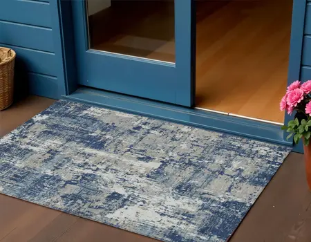 3' X 5' Navy Blue Gray And Ivory Abstract Washable Indoor Outdoor Area Rug