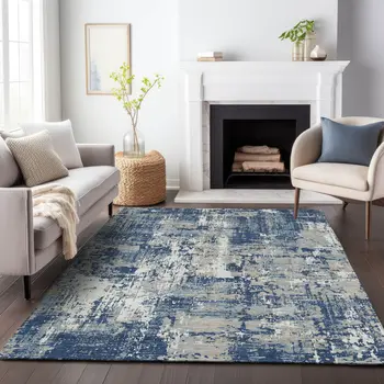 3' X 5' Navy Blue Gray And Ivory Abstract Washable Indoor Outdoor Area Rug