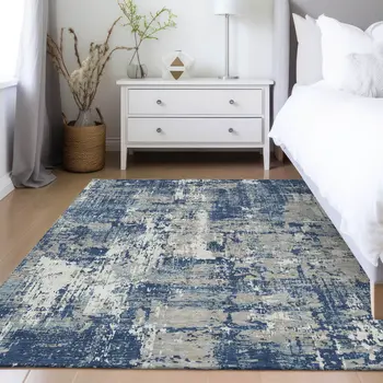 3' X 5' Navy Blue Gray And Ivory Abstract Washable Indoor Outdoor Area Rug