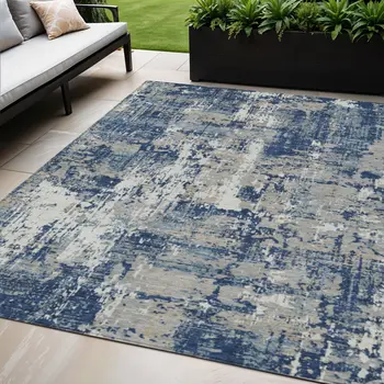 5' X 8' Navy Blue Gray And Ivory Abstract Washable Indoor Outdoor Area Rug