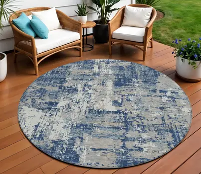 8' Navy Blue Gray And Ivory Round Abstract Washable Indoor Outdoor Area Rug