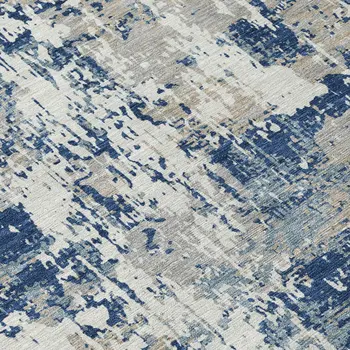 8' Navy Blue Gray And Ivory Round Abstract Washable Indoor Outdoor Area Rug