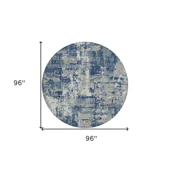 8' Navy Blue Gray And Ivory Round Abstract Washable Indoor Outdoor Area Rug