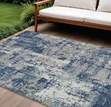 9' X 12' Navy Blue Gray And Ivory Abstract Washable Indoor Outdoor Area Rug