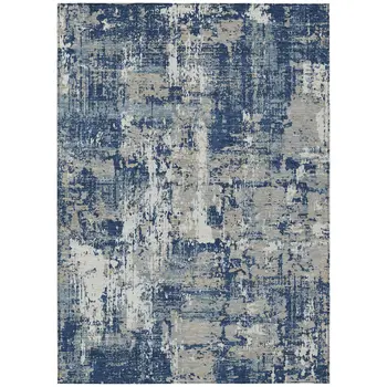 9' X 12' Navy Blue Gray And Ivory Abstract Washable Indoor Outdoor Area Rug